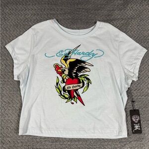Ed Hardy Women’s T Shirt Tee Short Sleeve Blue Eagle Heart Lightweight Blue XL